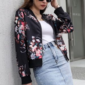 Black Floral Print Boho Zipper Light Bomber Jacket